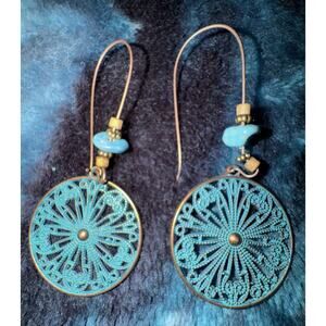 EARRINGS Dangle Filigree Turquoise Brass Round 2.5”